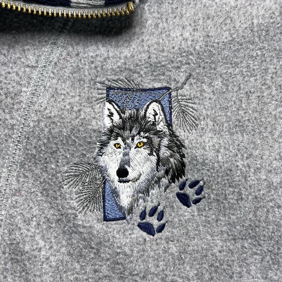 Vintage 90s Artisans Wolf Embroidered Quarter Zip Jacket Gray Long Sleeve Animal - Picture 2 of 6